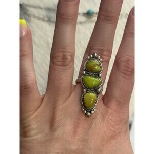 Sterling Silver Double Hearts Triple Stone Green Turquoise Adjustable Ring